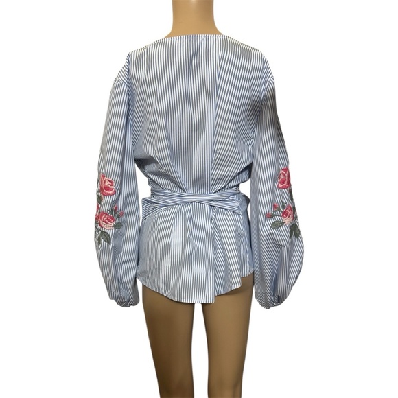 INC International Concepts Blue Striped Wrap Blouse with Pink Floral Sleeves - Picture 2 of 6